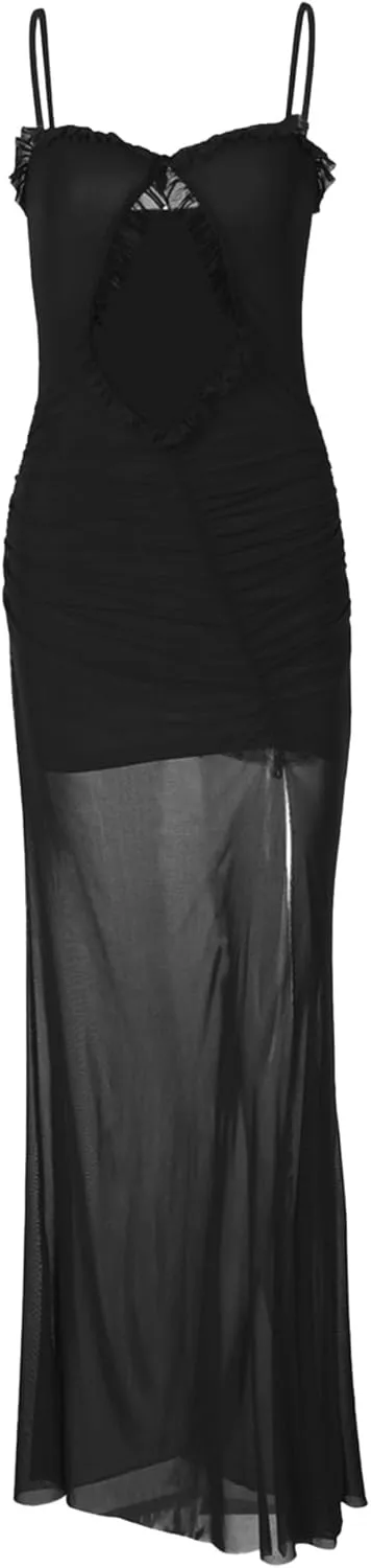 ISZPLUSH Women's Sleeveless All Mesh Dress Sexy Mini Tassel Cut Out See Through Dress High Slit Ruffle Hem Mesh Club Outfit