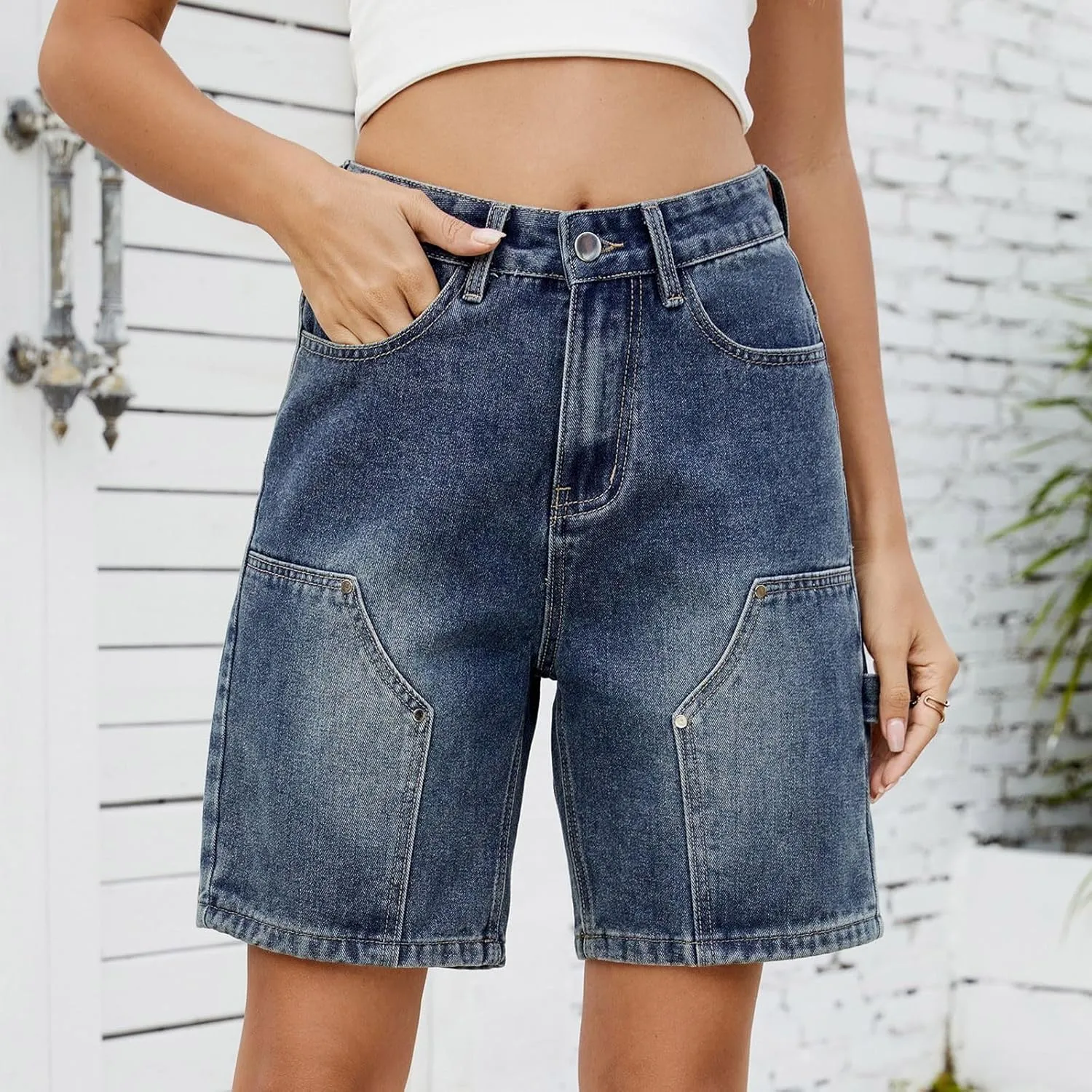 Jean Shorts for Women High Waisted Trendy Cutoff Stretchy Denim Shorts Casual Summer Bermuda Shorts with Flat Pocket
