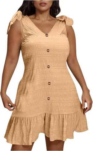 JOAU Women Plus Size Summer V Neck Sleeveless Tie Strap Button Ruffle Hem Boho Sundress Casual Flowy A-Line Mini Tank Dress