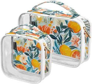 Joko Ivery Watercolor Orange Pink Flowers 2 Pieces Clear Makeup Cosmetic Toiletry Bags for Women Men PVC Waterproof Travel Storage Carry Pouch with Gold Zippers Plastic Tote Bags for Bathroom