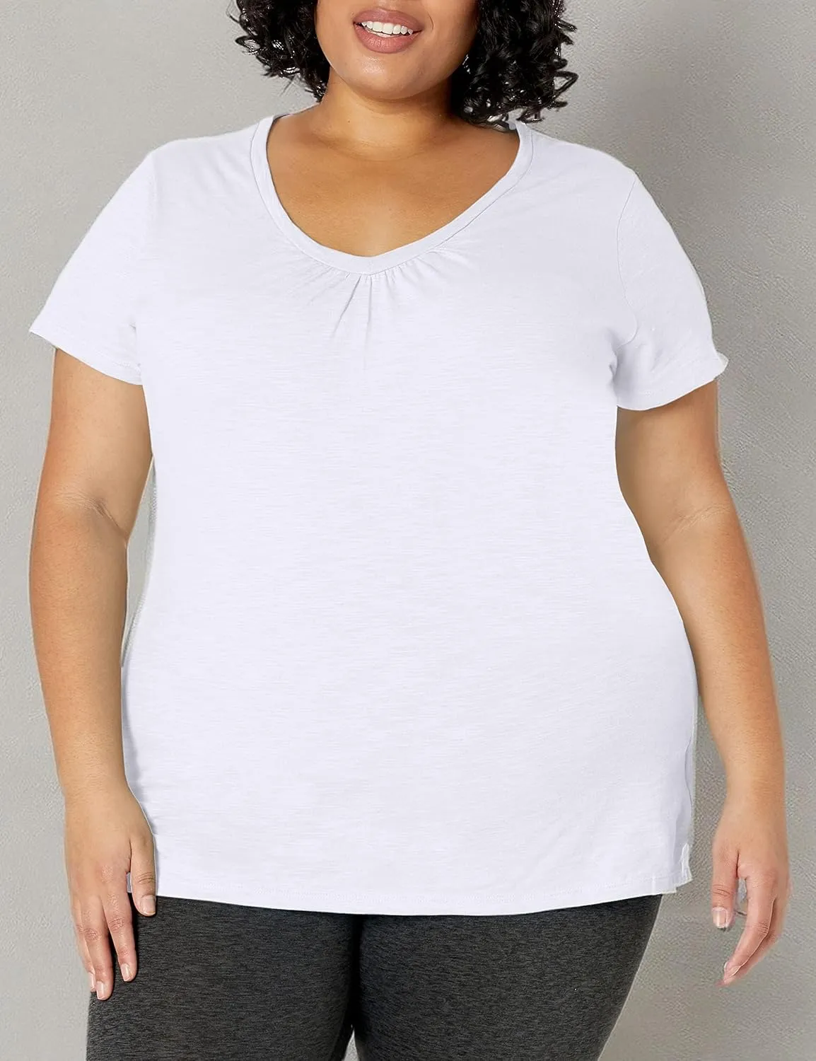 Just My Size Women's Short Sleeve Shirred V-Neck Tee