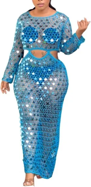 Kafiloe Women Sexy Long Sleeve Sequin Crochet Maxi Dress Beach Cover Ups Hollow Out Swimwear Bikini Cover Up Dress