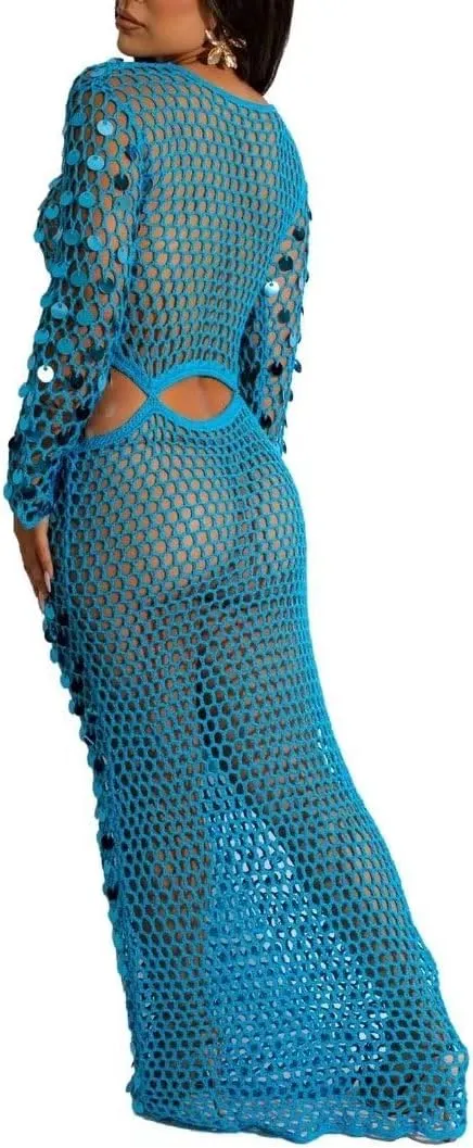 Kafiloe Women Sexy Long Sleeve Sequin Crochet Maxi Dress Beach Cover Ups Hollow Out Swimwear Bikini Cover Up Dress