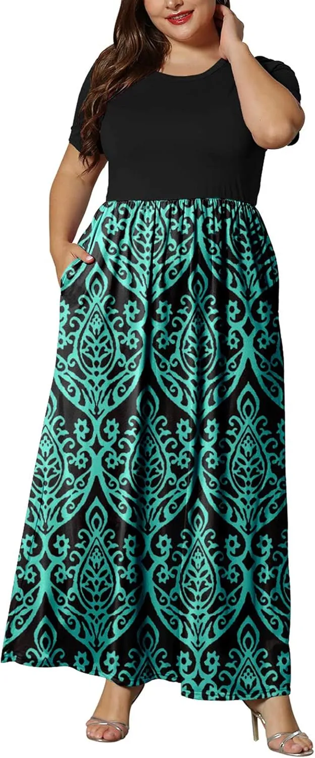 KARALIN Womens Plus Size Maxi Dresses for Curvy Women Summer Casual Short Sleeve 2025 Long Dress 14W-26W