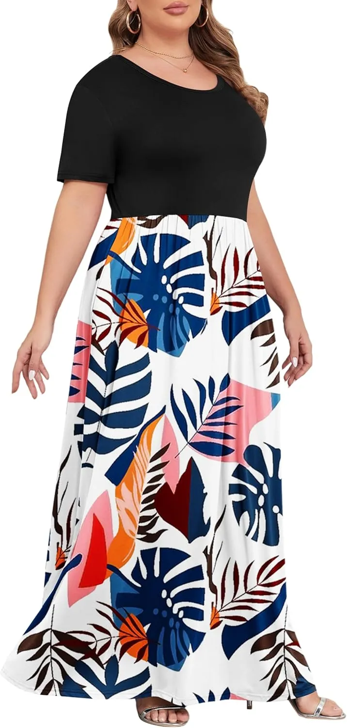 KARALIN Womens Plus Size Maxi Dresses for Curvy Women Summer Casual Short Sleeve 2025 Long Dress 14W-26W