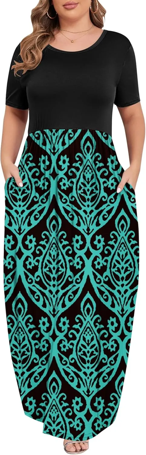 KARALIN Womens Plus Size Maxi Dresses for Curvy Women Summer Casual Short Sleeve 2025 Long Dress 14W-26W