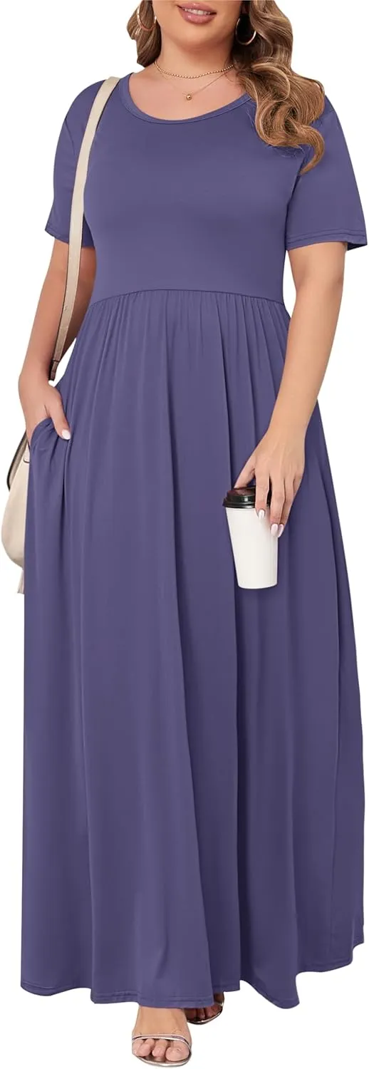 KARALIN Womens Plus Size Maxi Dresses for Curvy Women Summer Casual Short Sleeve 2025 Long Dress 14W-26W