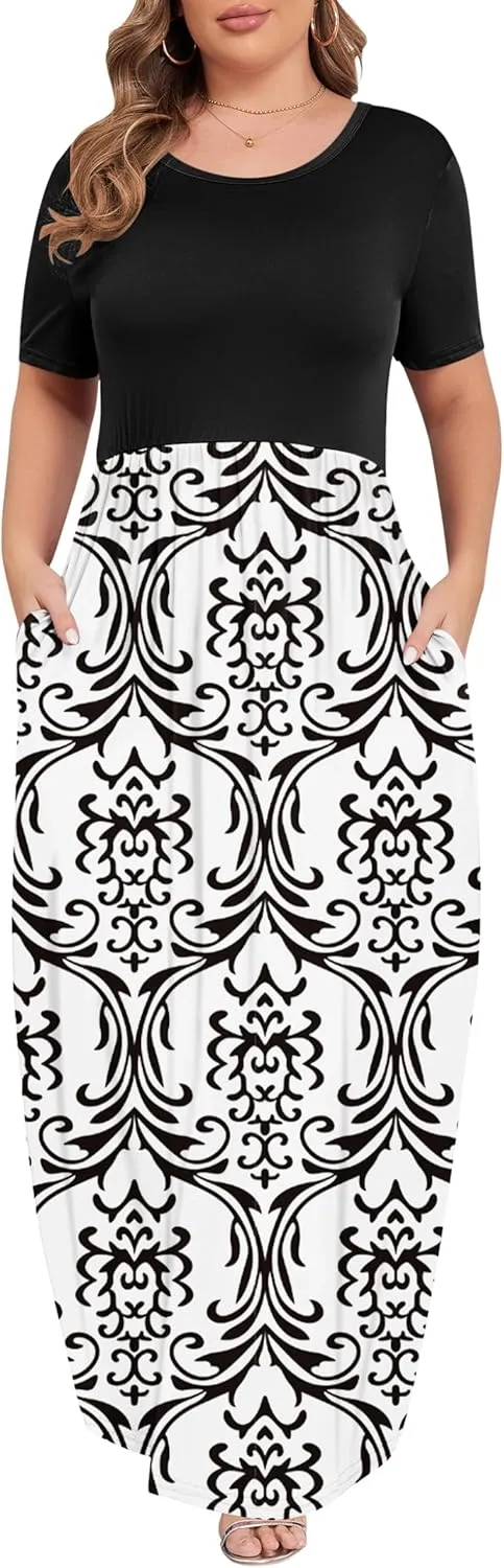KARALIN Womens Plus Size Maxi Dresses for Curvy Women Summer Casual Short Sleeve 2025 Long Dress 14W-26W