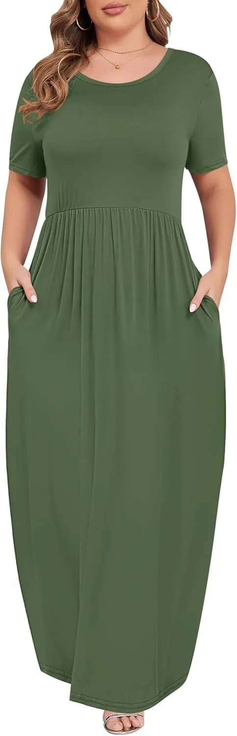 KARALIN Womens Plus Size Maxi Dresses for Curvy Women Summer Casual Short Sleeve 2025 Long Dress 14W-26W