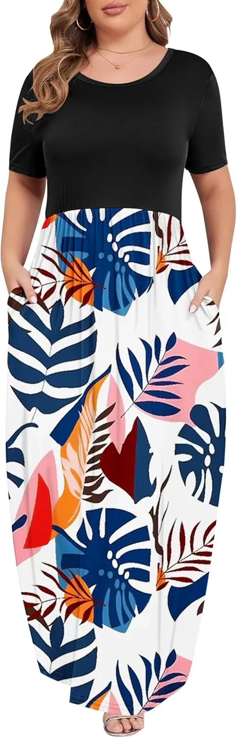 KARALIN Womens Plus Size Maxi Dresses for Curvy Women Summer Casual Short Sleeve 2025 Long Dress 14W-26W
