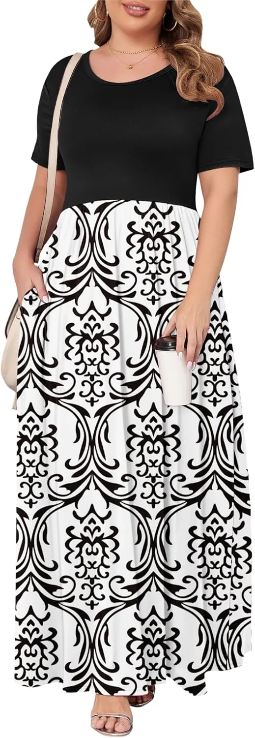 KARALIN Womens Plus Size Maxi Dresses for Curvy Women Summer Casual Short Sleeve 2025 Long Dress 14W-26W