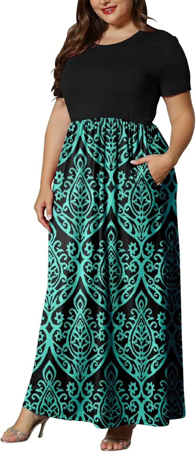 KARALIN Womens Plus Size Maxi Dresses for Curvy Women Summer Casual Short Sleeve 2025 Long Dress 14W-26W