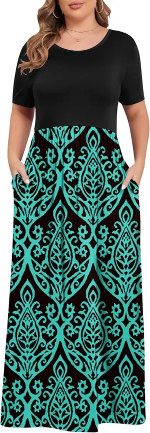 KARALIN Womens Plus Size Maxi Dresses for Curvy Women Summer Casual Short Sleeve 2025 Long Dress 14W-26W