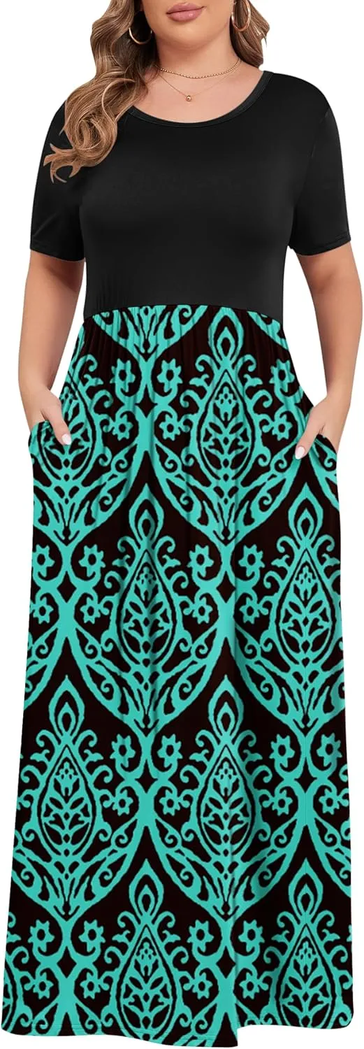 KARALIN Womens Plus Size Maxi Dresses for Curvy Women Summer Casual Short Sleeve 2025 Long Dress 14W-26W