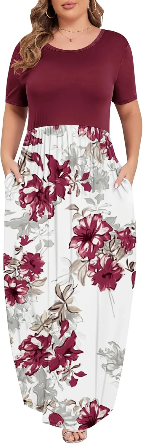 KARALIN Womens Plus Size Maxi Dresses for Curvy Women Summer Casual Short Sleeve 2025 Long Dress 14W-26W