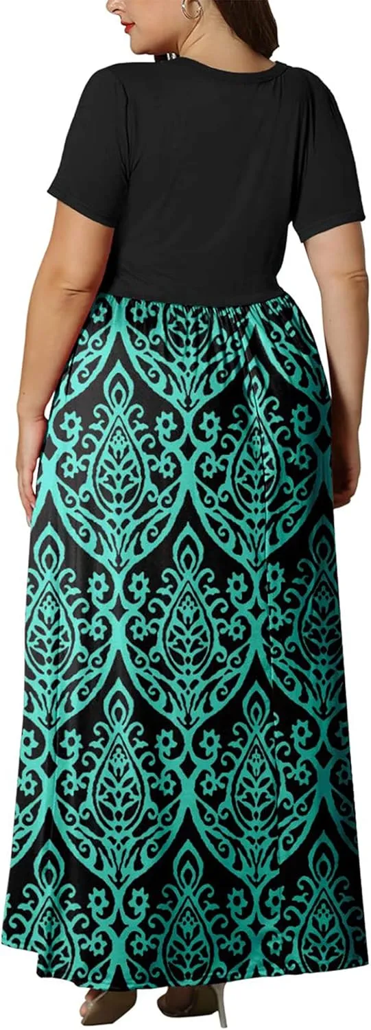 KARALIN Womens Plus Size Maxi Dresses for Curvy Women Summer Casual Short Sleeve 2025 Long Dress 14W-26W