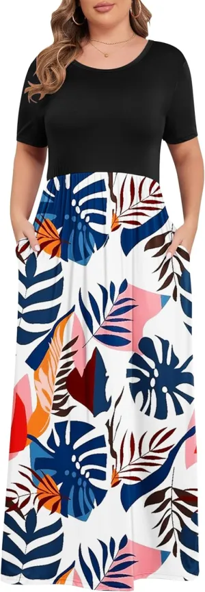 KARALIN Womens Plus Size Maxi Dresses for Curvy Women Summer Casual Short Sleeve 2025 Long Dress 14W-26W
