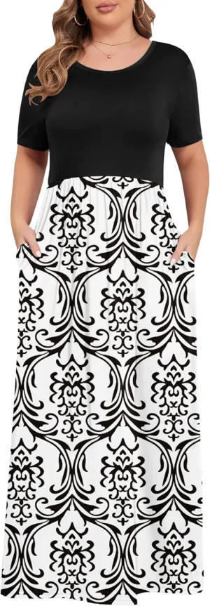 KARALIN Womens Plus Size Maxi Dresses for Curvy Women Summer Casual Short Sleeve 2025 Long Dress 14W-26W