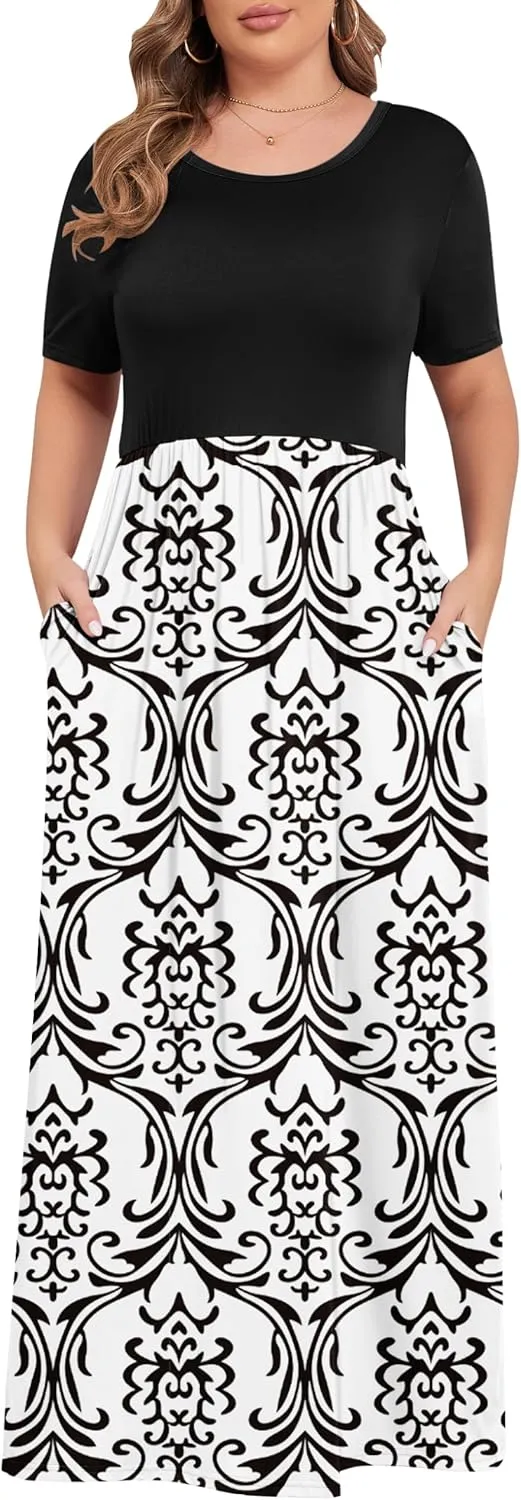 KARALIN Womens Plus Size Maxi Dresses for Curvy Women Summer Casual Short Sleeve 2025 Long Dress 14W-26W