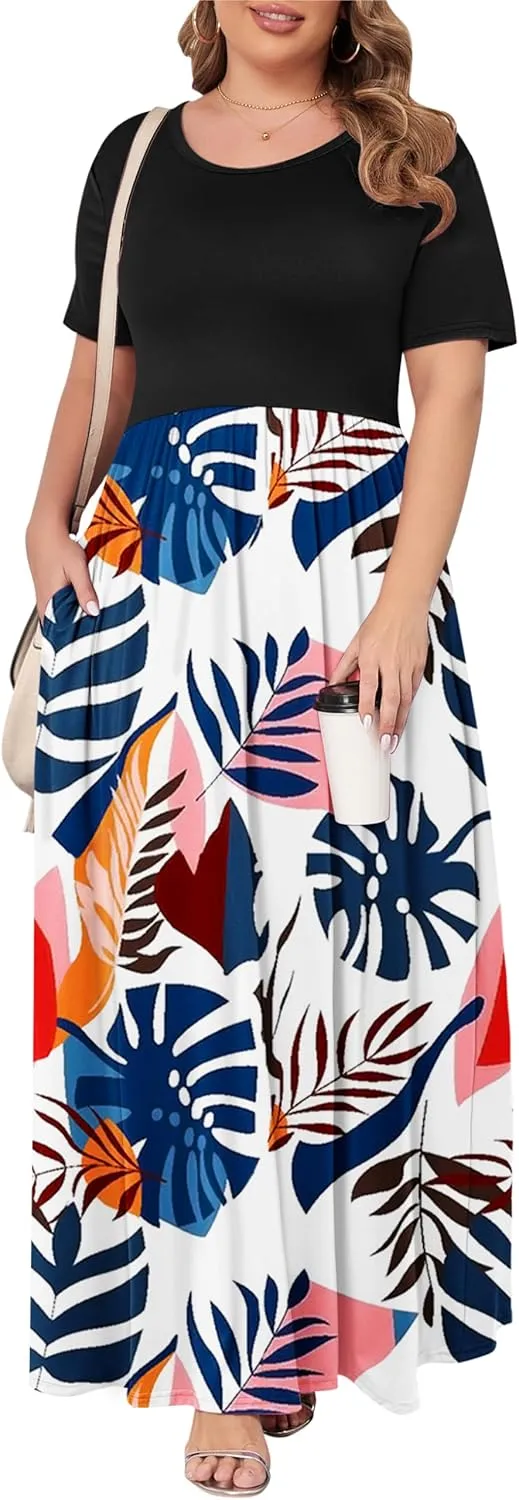 KARALIN Womens Plus Size Maxi Dresses for Curvy Women Summer Casual Short Sleeve 2025 Long Dress 14W-26W