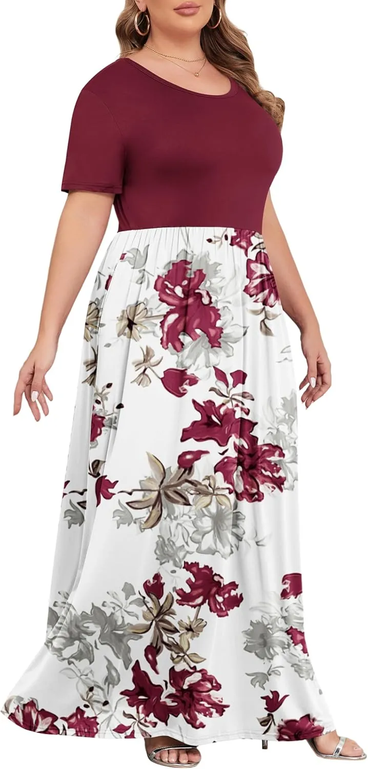 KARALIN Womens Plus Size Maxi Dresses for Curvy Women Summer Casual Short Sleeve 2025 Long Dress 14W-26W