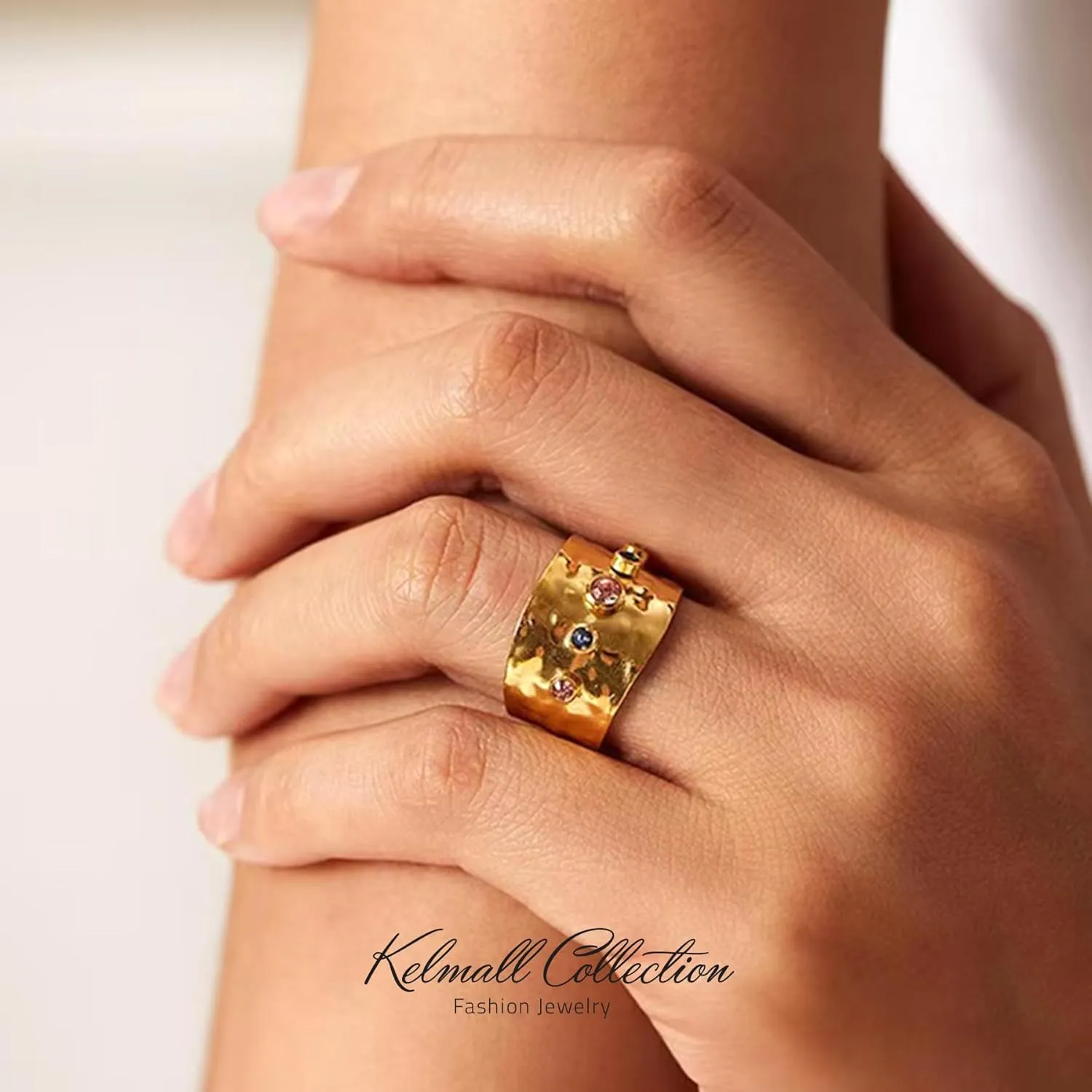 KELMALL Gold Plated Rings for Women, Non Tarnish Statable Stainless Steel Chunky Adjustable Statement Cocktail Rings