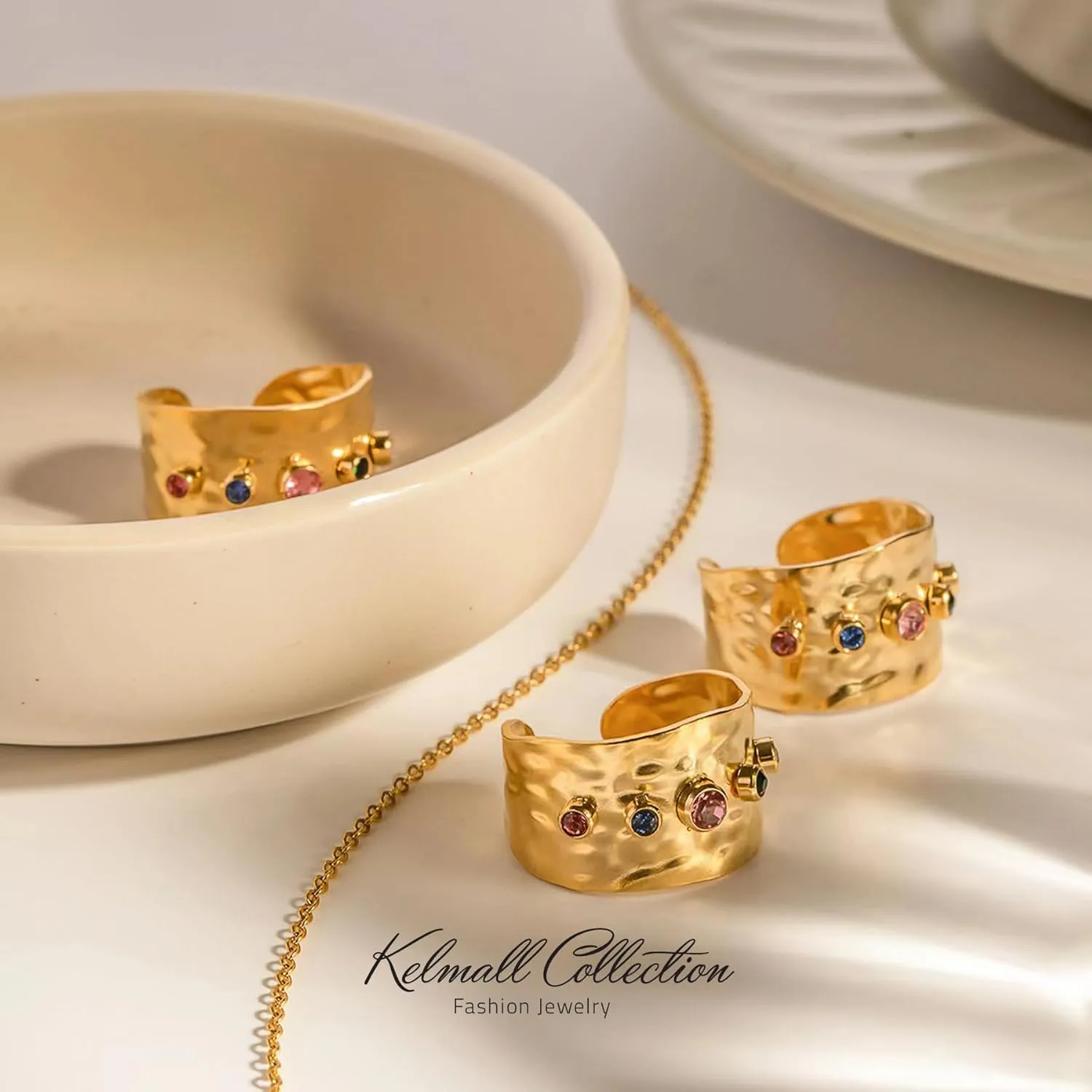 KELMALL Gold Plated Rings for Women, Non Tarnish Statable Stainless Steel Chunky Adjustable Statement Cocktail Rings