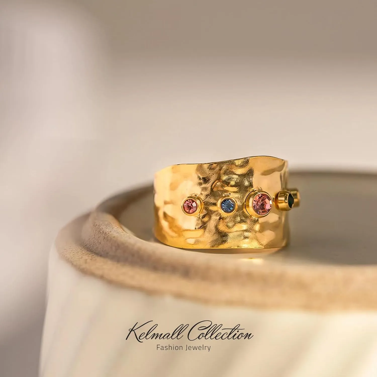 KELMALL Gold Plated Rings for Women, Non Tarnish Statable Stainless Steel Chunky Adjustable Statement Cocktail Rings