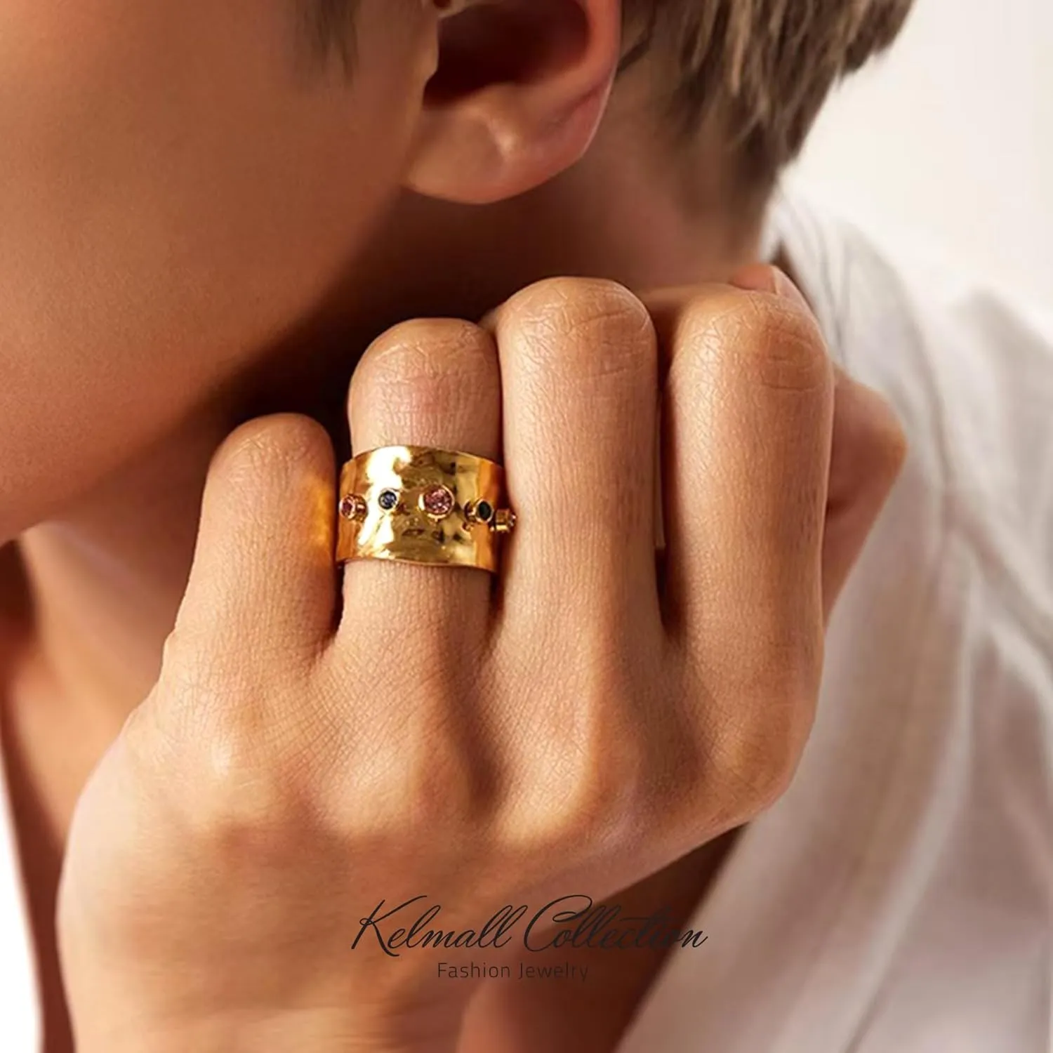 KELMALL Gold Plated Rings for Women, Non Tarnish Statable Stainless Steel Chunky Adjustable Statement Cocktail Rings