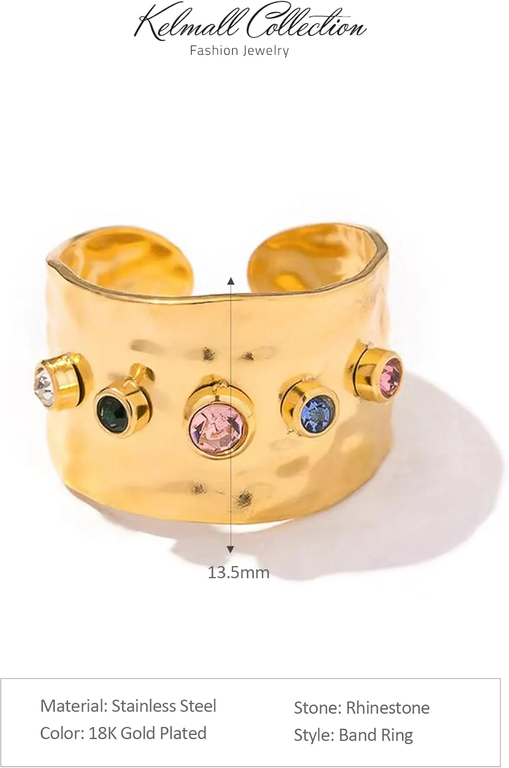 KELMALL Gold Plated Rings for Women, Non Tarnish Statable Stainless Steel Chunky Adjustable Statement Cocktail Rings
