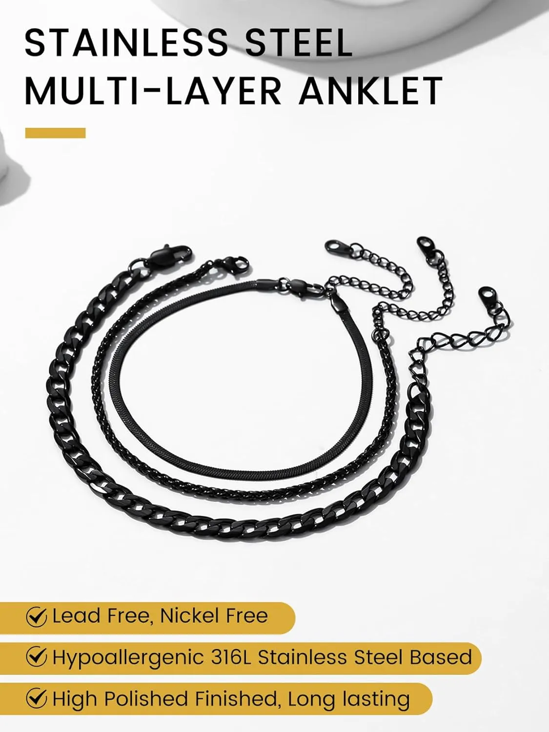 KeyStyle Ankle Bracelets Set for Women, 14k Gold Plated Anklets Stainless Steel Rope Figaro Cuban Snake Wheat Chain Layered Anklet Pack Summer Jewelry(2PCS, 3PCS)