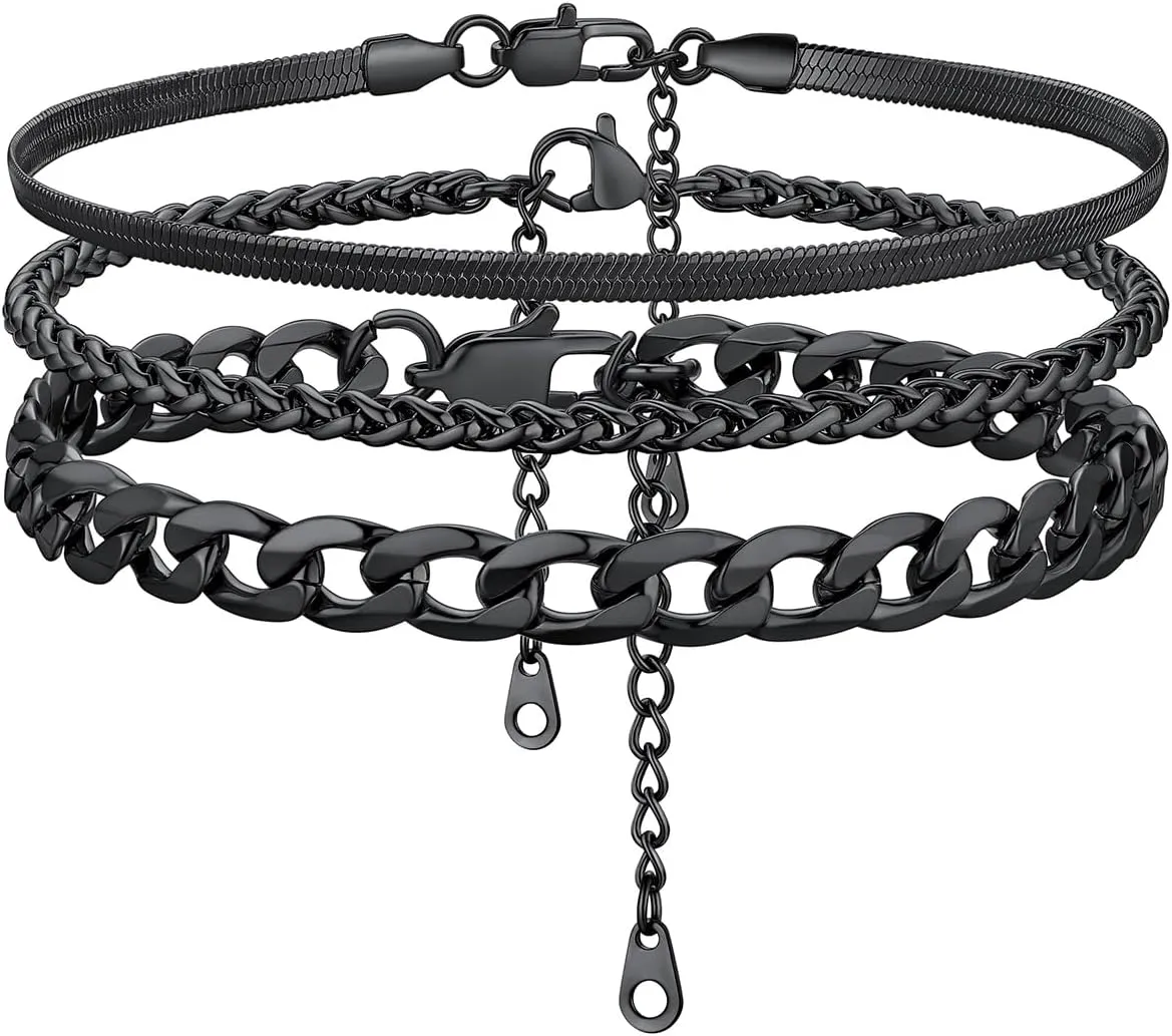KeyStyle Ankle Bracelets Set for Women, 14k Gold Plated Anklets Stainless Steel Rope Figaro Cuban Snake Wheat Chain Layered Anklet Pack Summer Jewelry(2PCS, 3PCS)