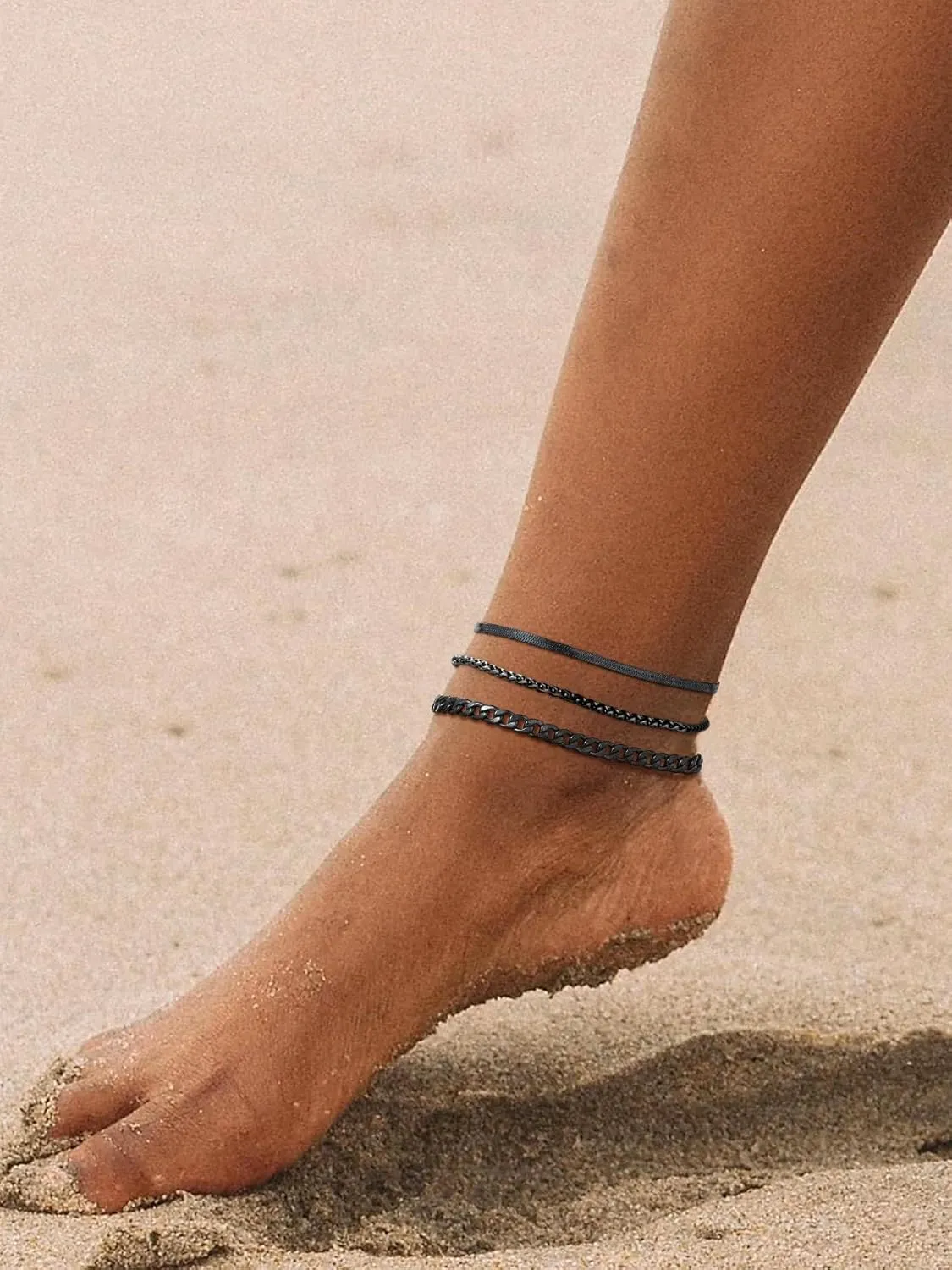 KeyStyle Ankle Bracelets Set for Women, 14k Gold Plated Anklets Stainless Steel Rope Figaro Cuban Snake Wheat Chain Layered Anklet Pack Summer Jewelry(2PCS, 3PCS)