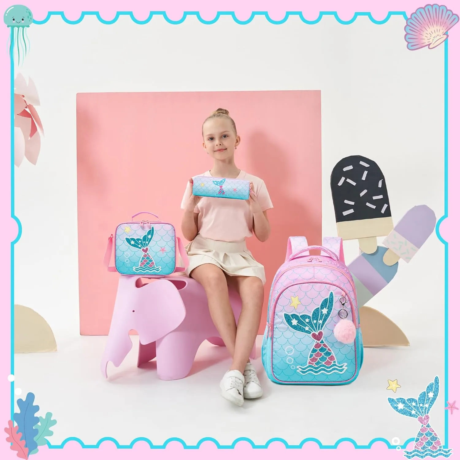 Kids Backpacks for Girls Backpacks for Girls Travel Backpack for School Elementary Primary Students Kids Backpack with Lunch Box Pencil Case