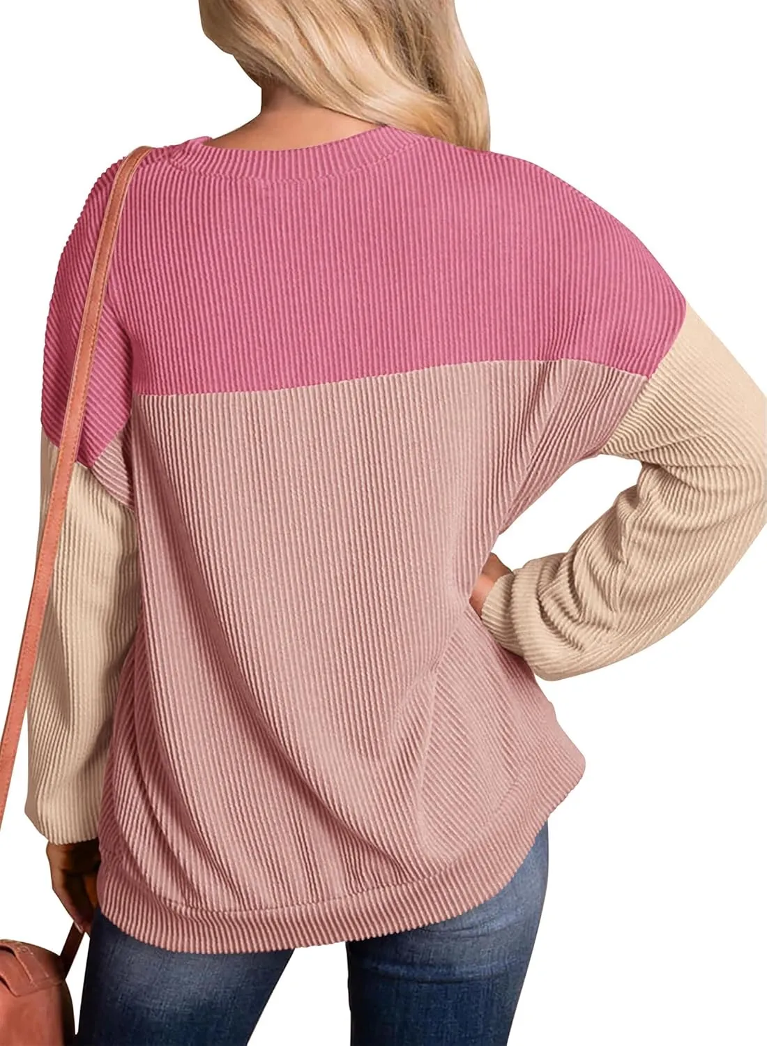 KIRUNDO Womens Spring Fashion 2025 Ribbed Long Sleeve Knit Tops Color Block Casual Loose Crewneck Pullover Shirts Clothing