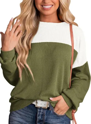 KIRUNDO Womens Spring Fashion 2025 Ribbed Long Sleeve Knit Tops Color Block Casual Loose Crewneck Pullover Shirts Clothing
