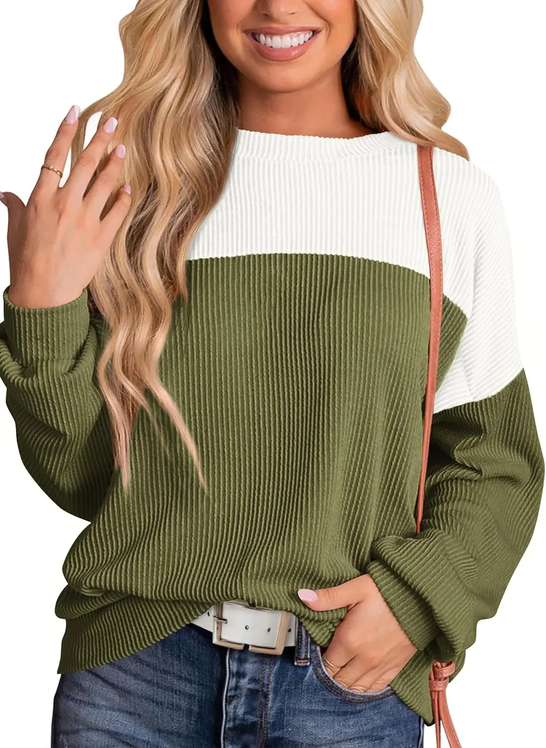 KIRUNDO Womens Spring Fashion 2025 Ribbed Long Sleeve Knit Tops Color Block Casual Loose Crewneck Pullover Shirts Clothing