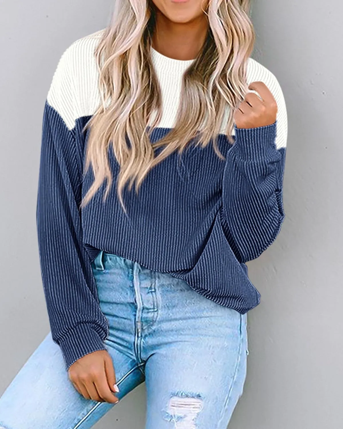 KIRUNDO Womens Spring Fashion 2025 Ribbed Long Sleeve Knit Tops Color Block Casual Loose Crewneck Pullover Shirts Clothing