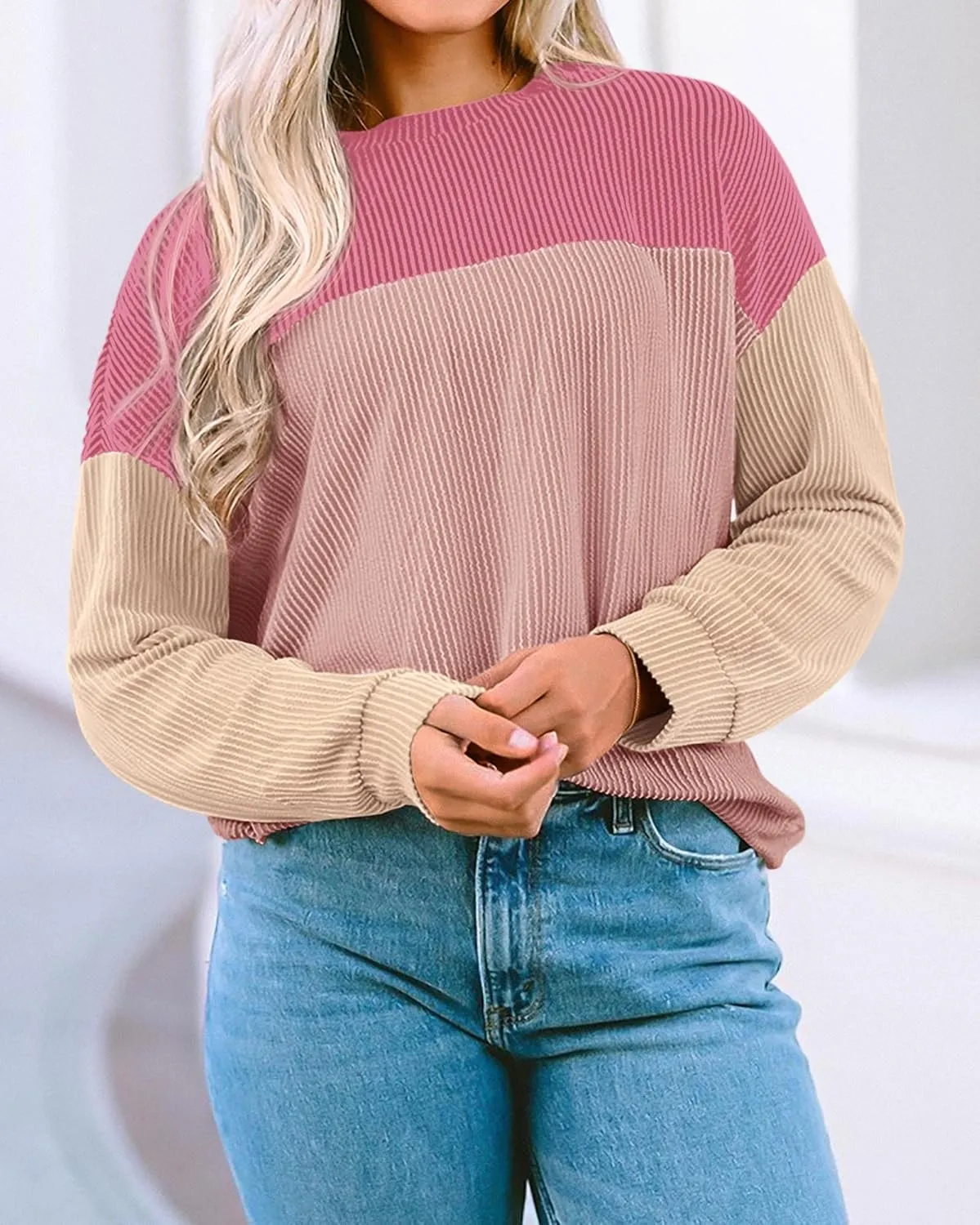 KIRUNDO Womens Spring Fashion 2025 Ribbed Long Sleeve Knit Tops Color Block Casual Loose Crewneck Pullover Shirts Clothing