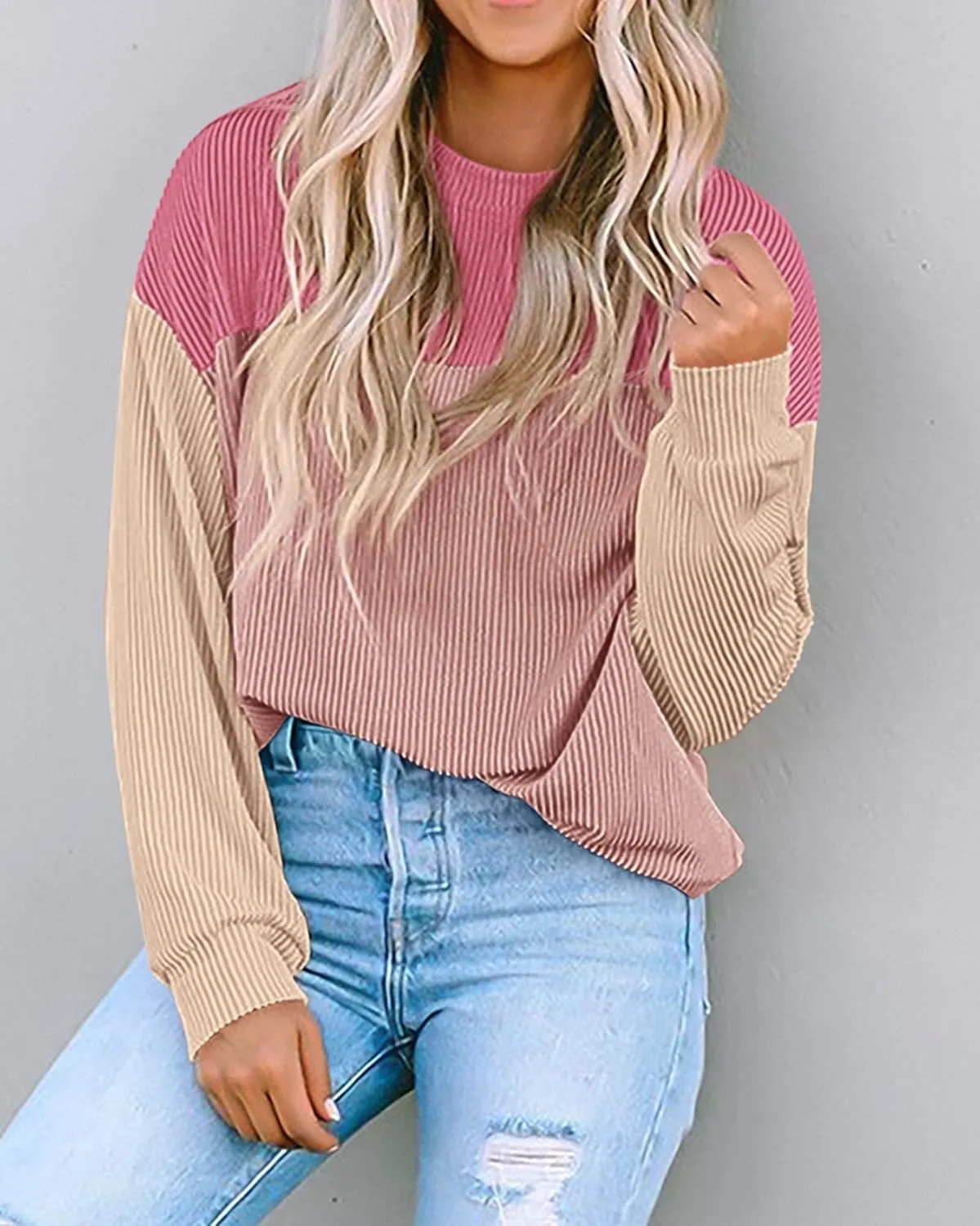 KIRUNDO Womens Spring Fashion 2025 Ribbed Long Sleeve Knit Tops Color Block Casual Loose Crewneck Pullover Shirts Clothing