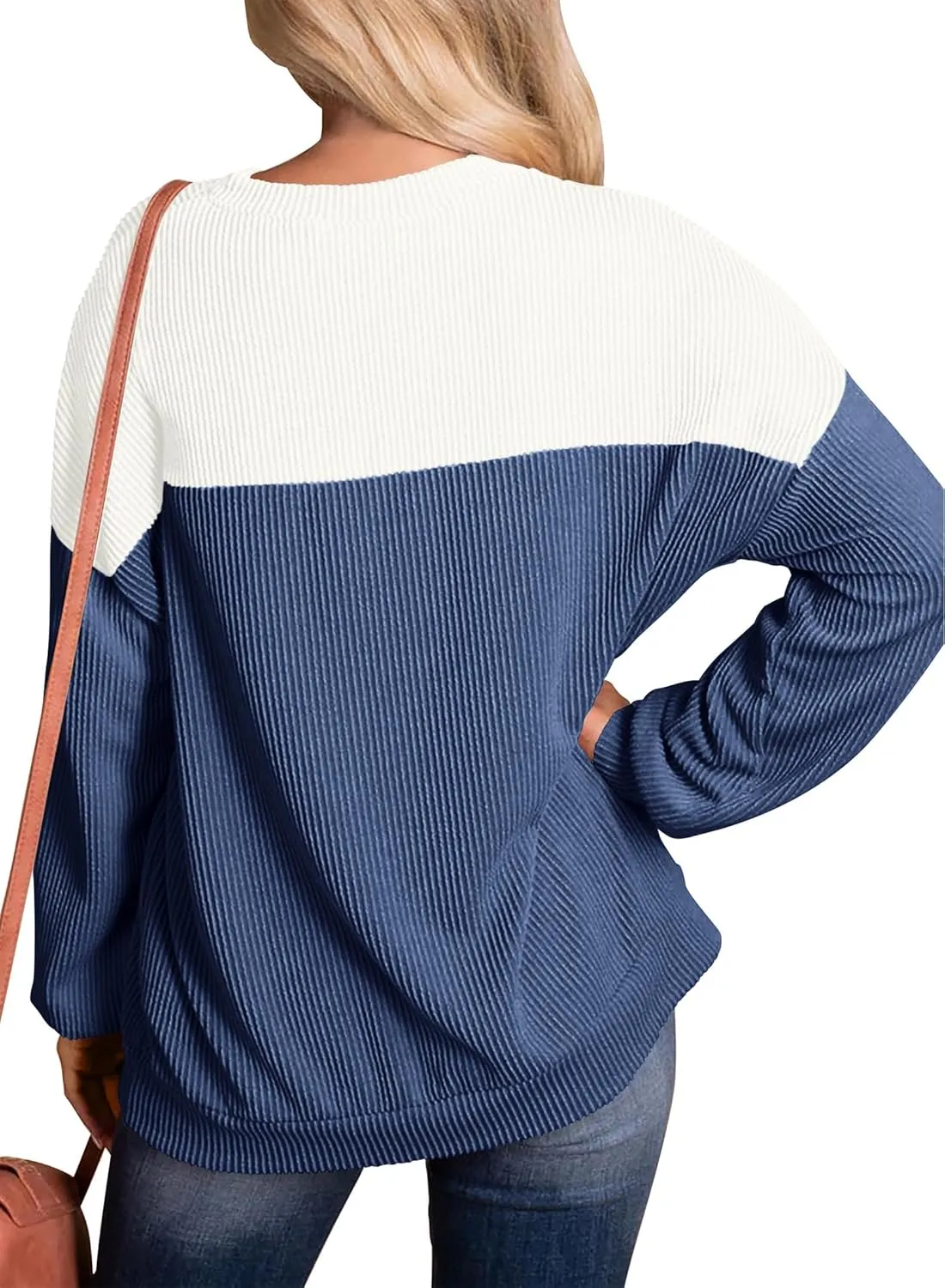 KIRUNDO Womens Spring Fashion 2025 Ribbed Long Sleeve Knit Tops Color Block Casual Loose Crewneck Pullover Shirts Clothing