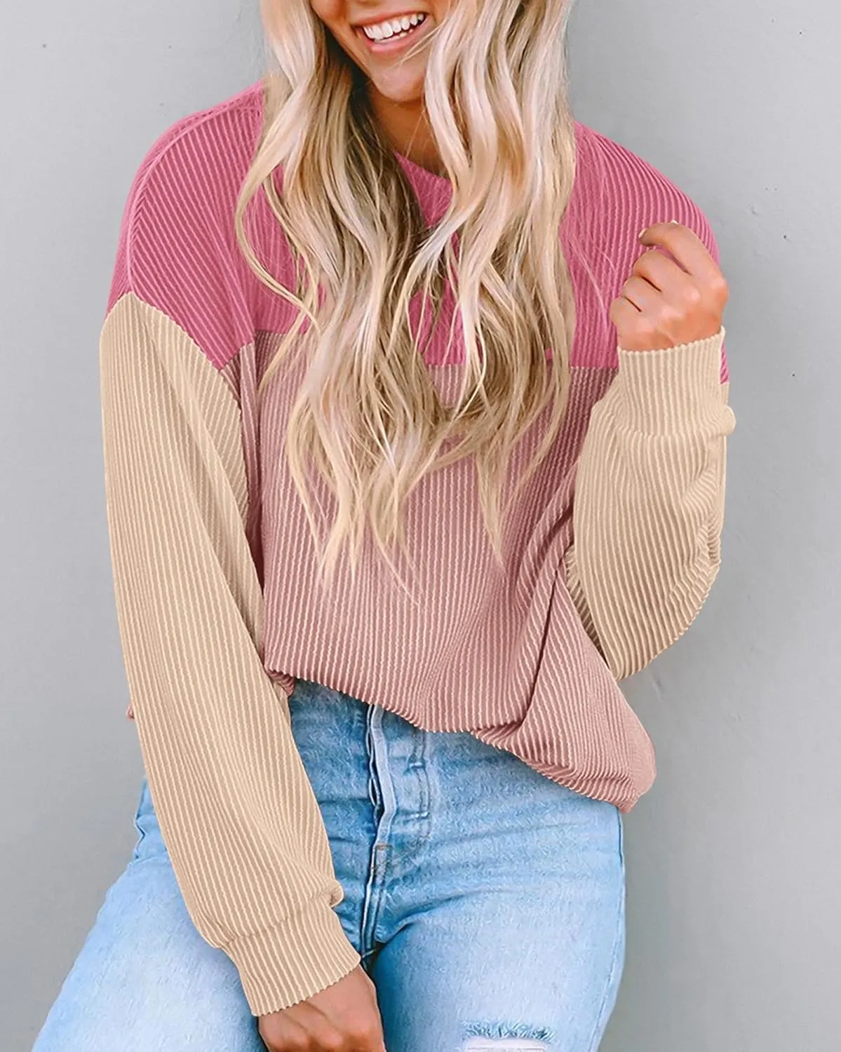 KIRUNDO Womens Spring Fashion 2025 Ribbed Long Sleeve Knit Tops Color Block Casual Loose Crewneck Pullover Shirts Clothing