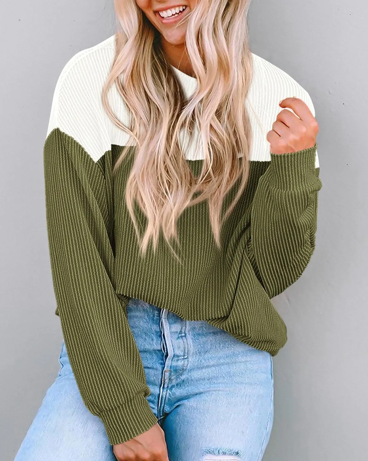 KIRUNDO Womens Spring Fashion 2025 Ribbed Long Sleeve Knit Tops Color Block Casual Loose Crewneck Pullover Shirts Clothing