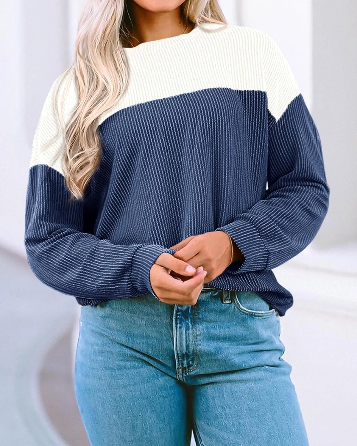 KIRUNDO Womens Spring Fashion 2025 Ribbed Long Sleeve Knit Tops Color Block Casual Loose Crewneck Pullover Shirts Clothing