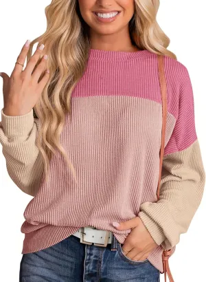 KIRUNDO Womens Spring Fashion 2025 Ribbed Long Sleeve Knit Tops Color Block Casual Loose Crewneck Pullover Shirts Clothing