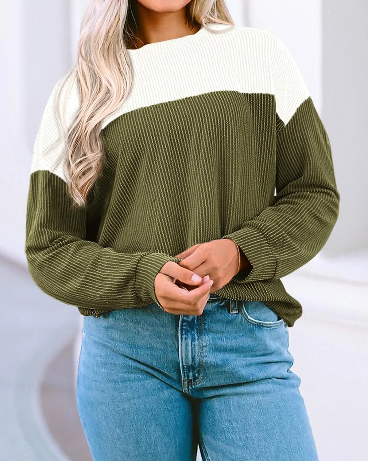 KIRUNDO Womens Spring Fashion 2025 Ribbed Long Sleeve Knit Tops Color Block Casual Loose Crewneck Pullover Shirts Clothing