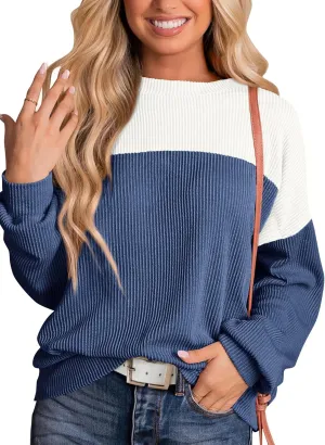 KIRUNDO Womens Spring Fashion 2025 Ribbed Long Sleeve Knit Tops Color Block Casual Loose Crewneck Pullover Shirts Clothing