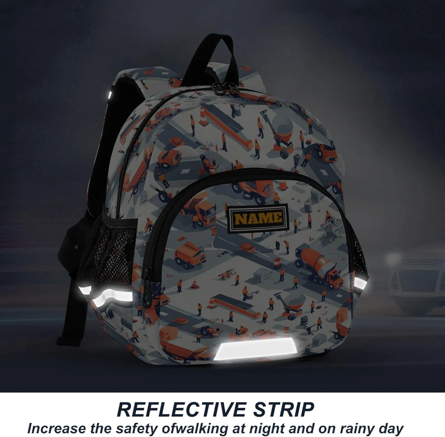 KLL Custom Cute Ears Toddler Day Backpack Leash Boy's Girl's Anti-Lost Personalized Carry On Backpacks with Reflective Strip M Construction Scene Highway Construction Concrete Mixer Truck Road Roller