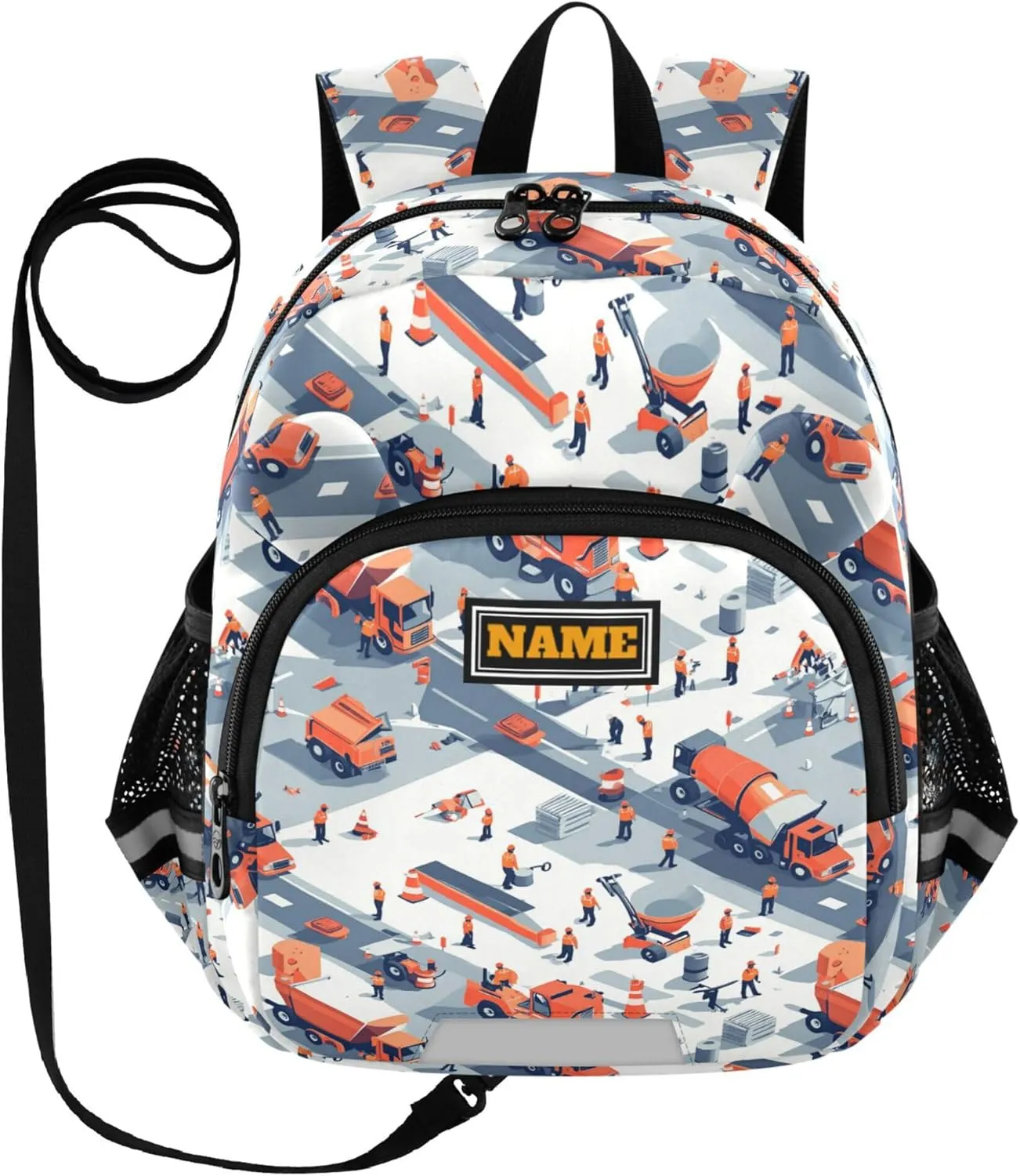 KLL Custom Cute Ears Toddler Day Backpack Leash Boy's Girl's Anti-Lost Personalized Carry On Backpacks with Reflective Strip M Construction Scene Highway Construction Concrete Mixer Truck Road Roller