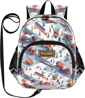 KLL Custom Cute Ears Toddler Day Backpack Leash Boy's Girl's Anti-Lost Personalized Carry On Backpacks with Reflective Strip M Construction Scene Highway Construction Concrete Mixer Truck Road Roller